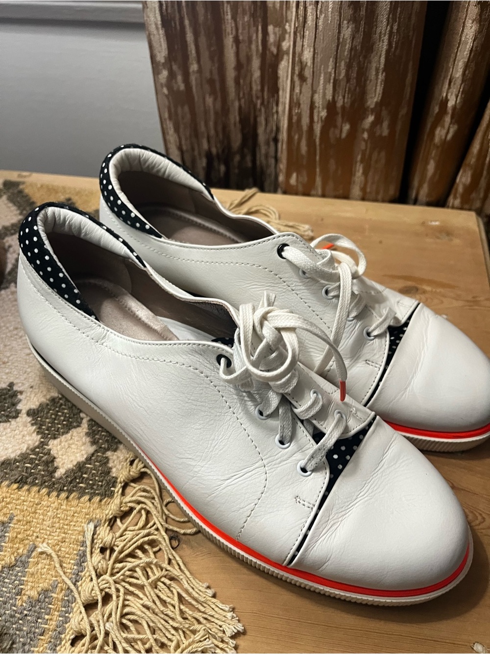 BeautiFeel White Leather Sneakers with Navy Polka-Dot Trim and Red Accent